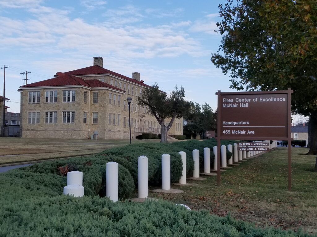 Fort Sill is home to the Fires Center of Excellence. Taylor Hall, that houses the Office of the Staff Judge Advocate is on the left.