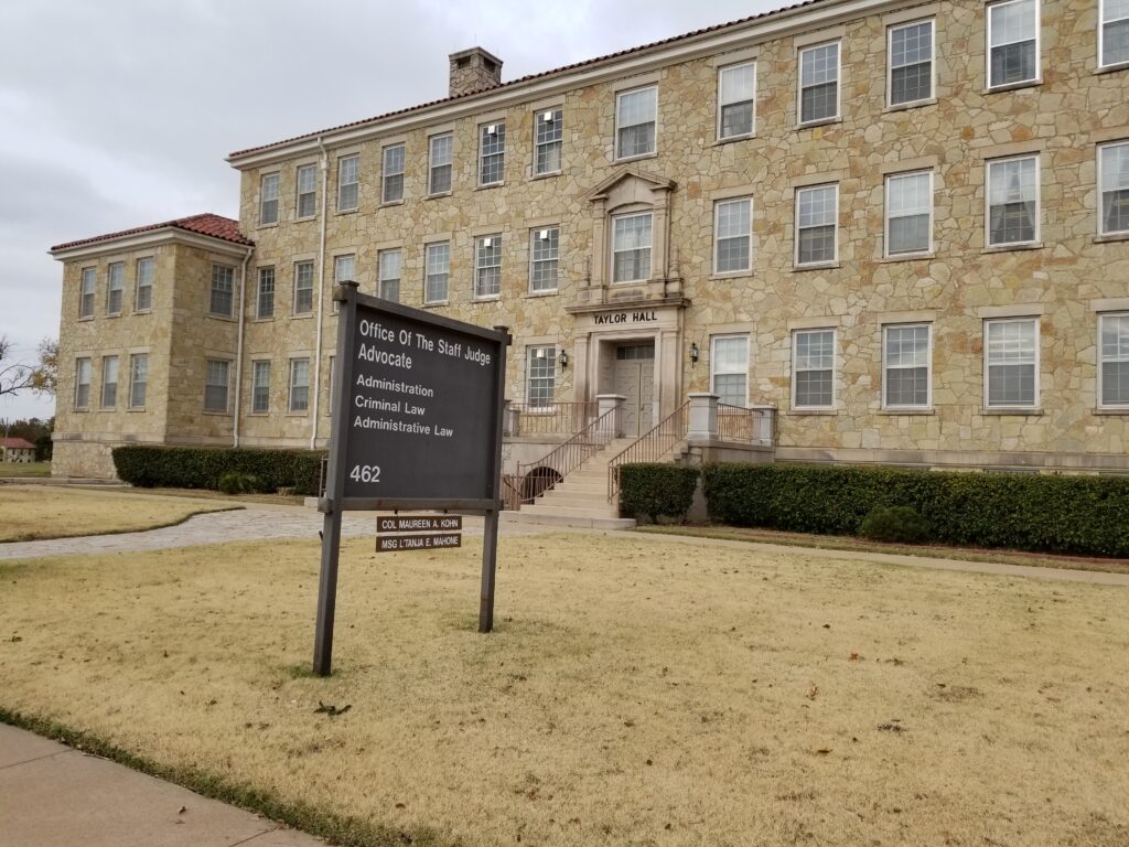 Taylor Hall, which houses the Office of the Staff Judge Advocate and the military courtroom.