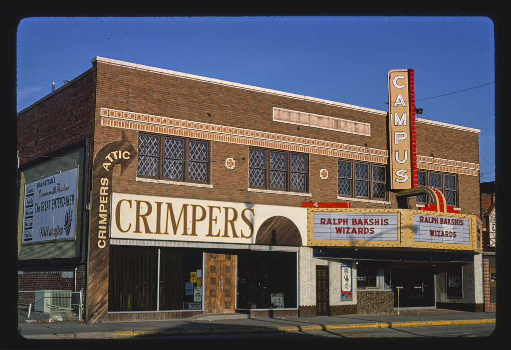 Margolies, J., photographer. (1977) Campus Theater, horizontal, Manhattan Avenue. Kansas Manhattan United States, 1977. [Photograph] Retrieved from the Library of Congress, https://www.loc.gov/item/2017703325/.