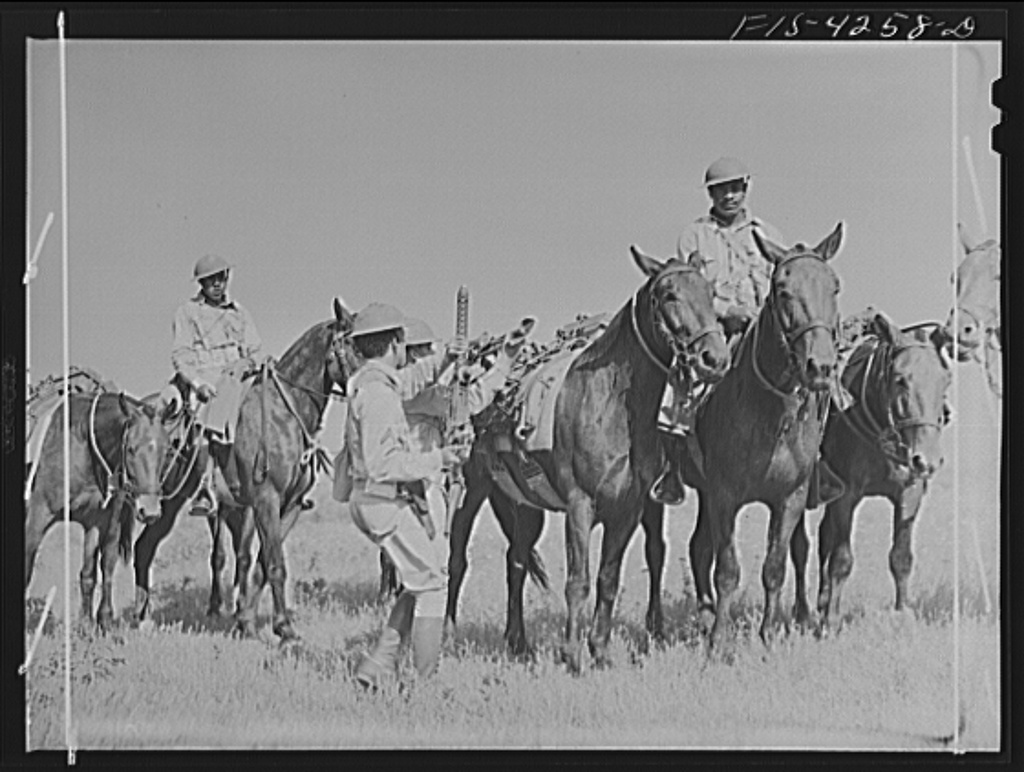 Delano, J., photographer. (1942) Fort Riley, Kansas. Cavalry machine gun unit dismounting to get guns into action. Fort Riley Kansas, 1942. Apr. [Photograph] Retrieved from the Library of Congress, https://www.loc.gov/item/owi2001006508/PP/.