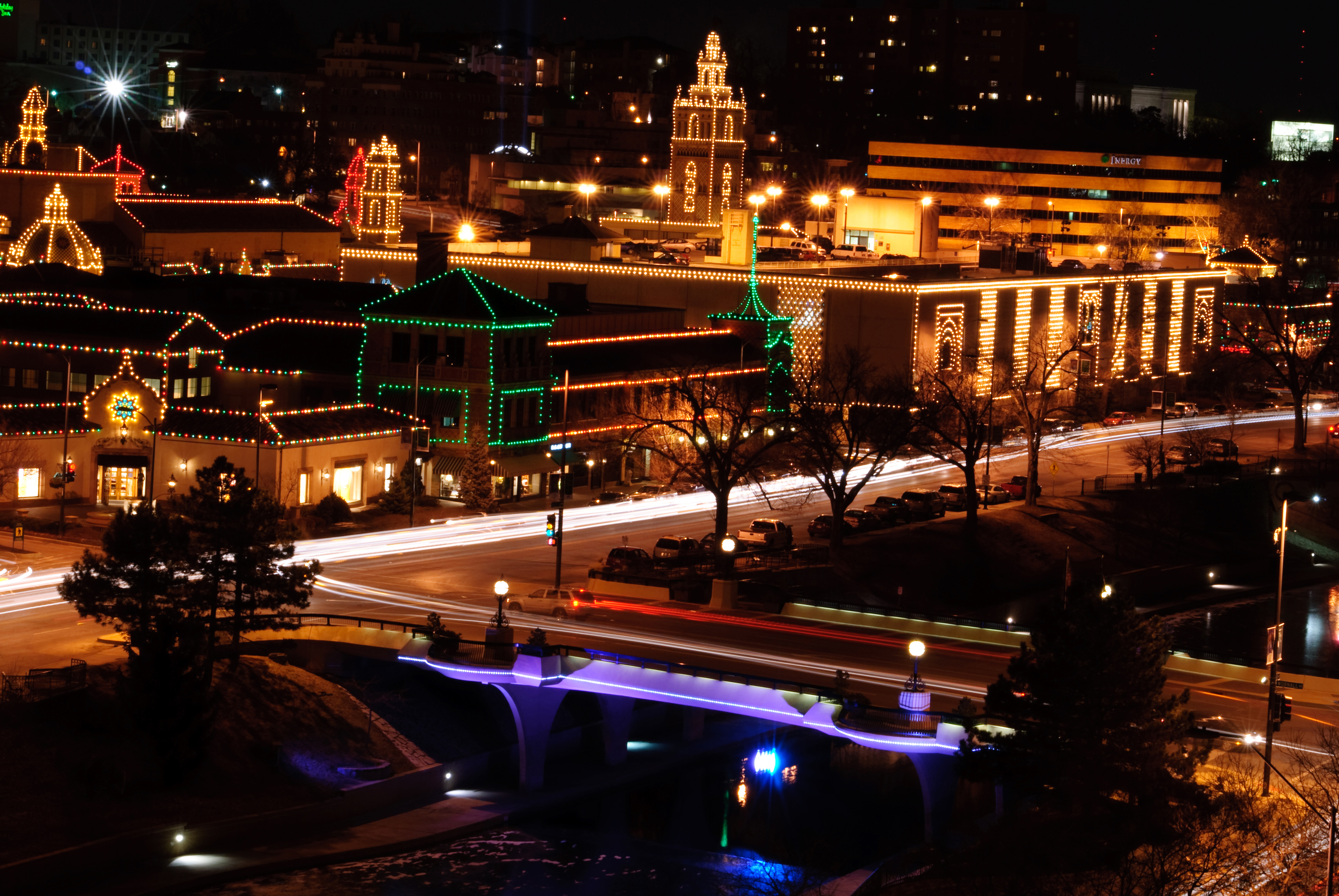 Christmas lights adorn the shops and businesses in the Country Club Plaza in Kansas City, Missouri. The Law Office of Will M. Helixon maintains a office in the Plaza on Nichols Road.