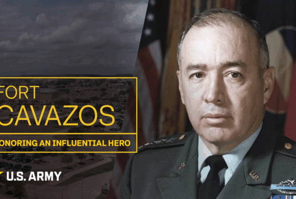Portrait of General Richard E. Cavazos with Fort Cavazos in the background