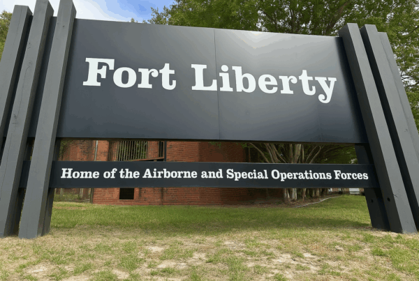 Fort Liberty entrance sign. Military Lawyers at Fort Bragg at The Law Office of Will M. Helixon, committed to protecting your career and honor.