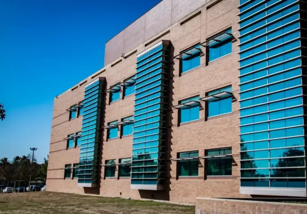 Research institute building with large glass windows at Fort Sam Houston in Texas