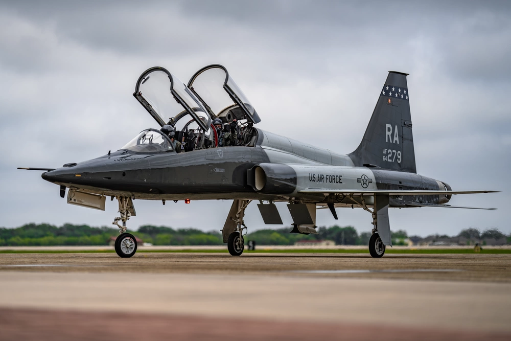 U.S. Air Force T-38 Talon jet trainer with open cockpits on the runway at Randolph Air Force Base, Texas