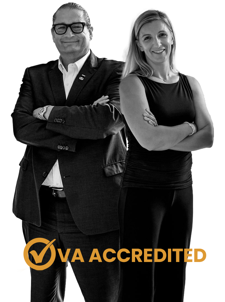 Black and white cutout of Will M. Helixon and Regan Kulhavy, VA-accredited lawyers representing veterans