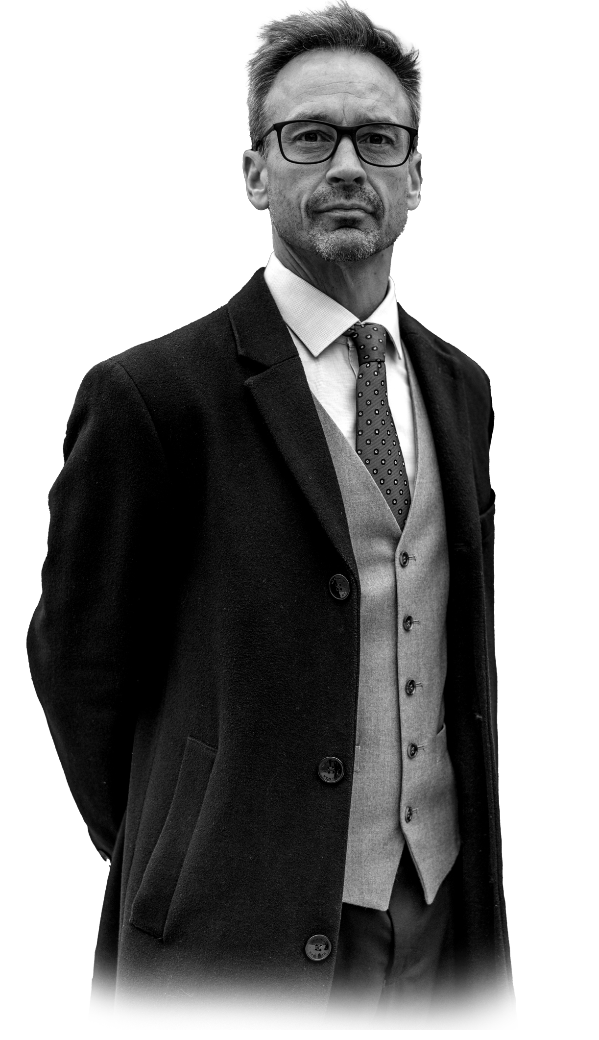 Black and white cutout portrait of John Caulwell with faded lower edge