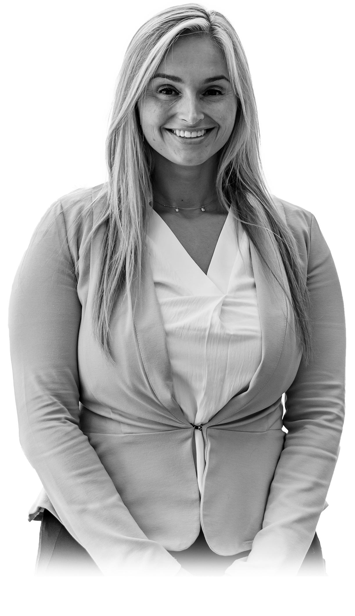 Stefany Garrick cut out portrait in black and white with faded edges