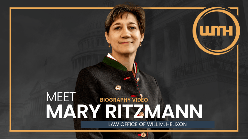 Military lawyer Mary Ritzmann against a dark US Capitol background with gold framing and the LOWMH logo