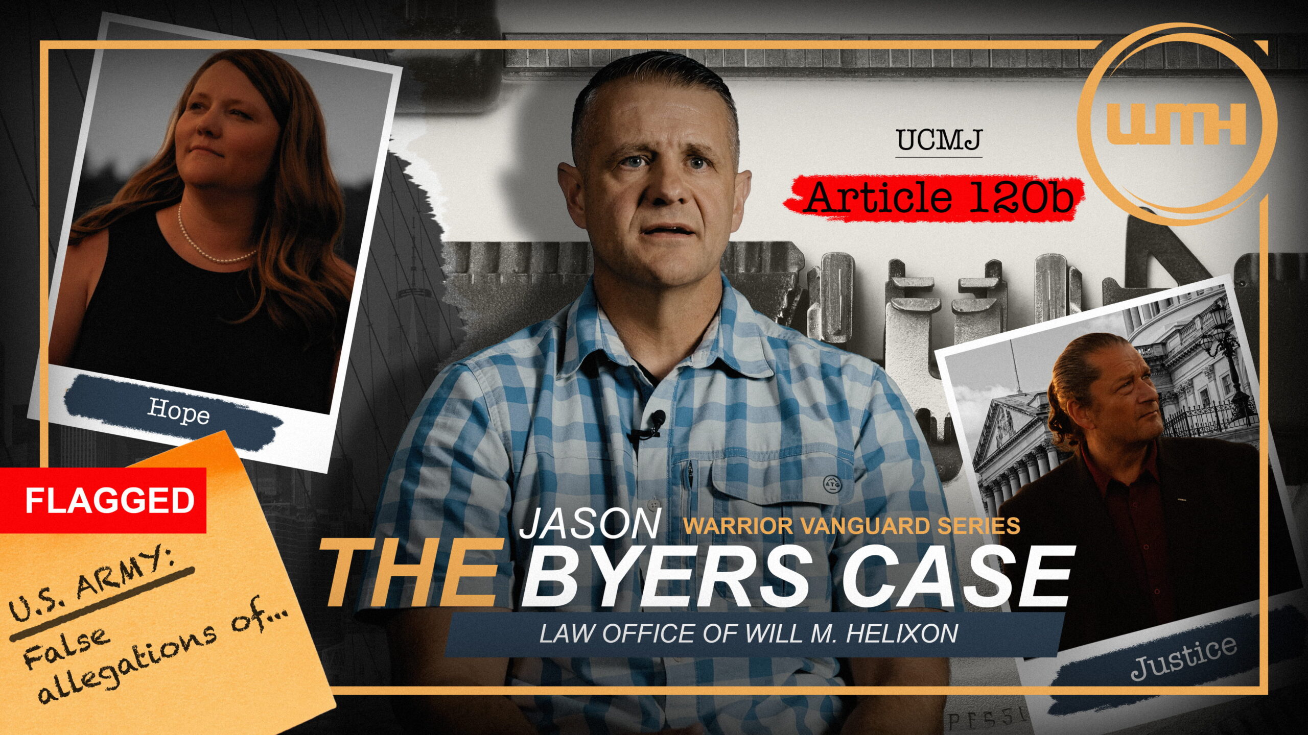 Jason Byers with Audrey Byers and attorney Will M. Helixon on black‑and‑white background with LOWMH branding and red Article 120b highlight