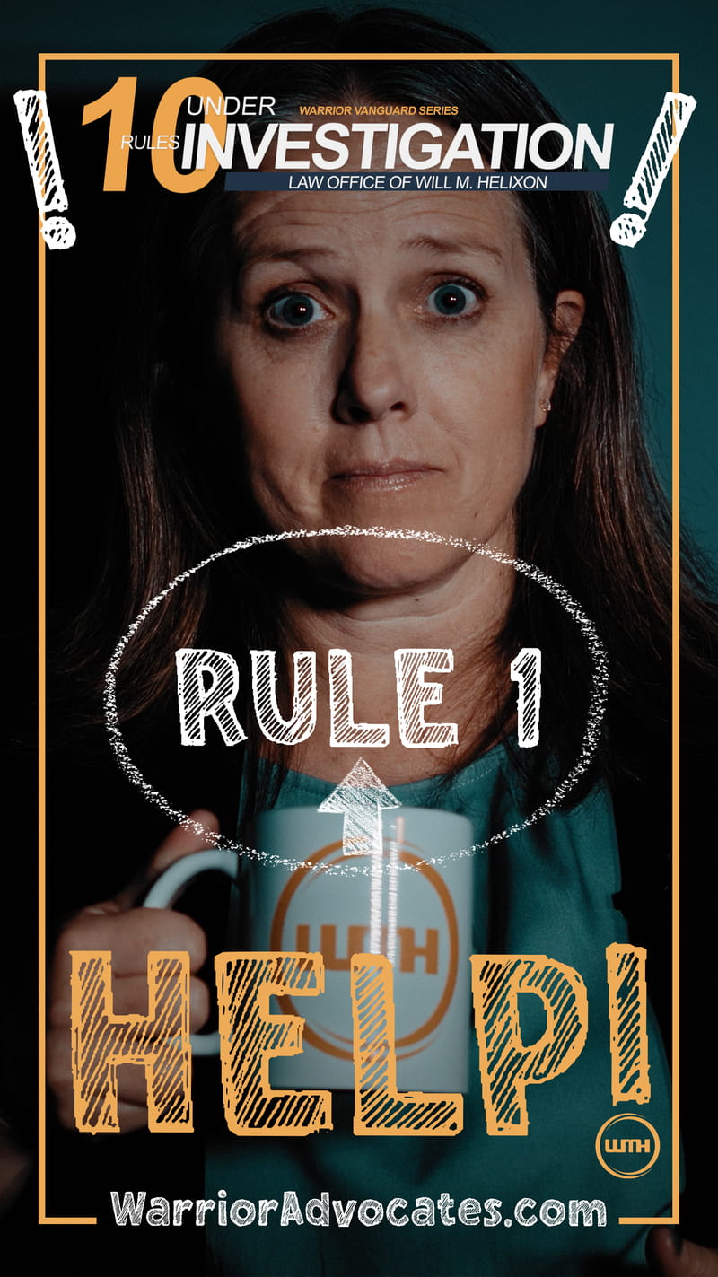 Rule 1 thumbnail: military lawyer Kyle Meisner holding a WMH mug with "HELP!" — invoke your right to counsel