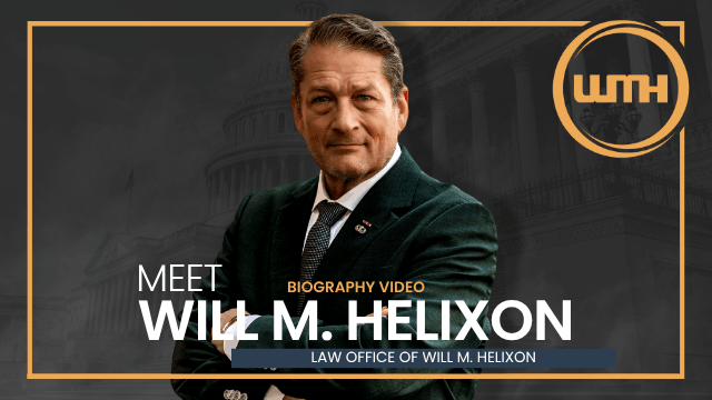 Military lawyer Will M. Helixon against a dark US Capitol backdrop with gold framing and the LOWMH logo