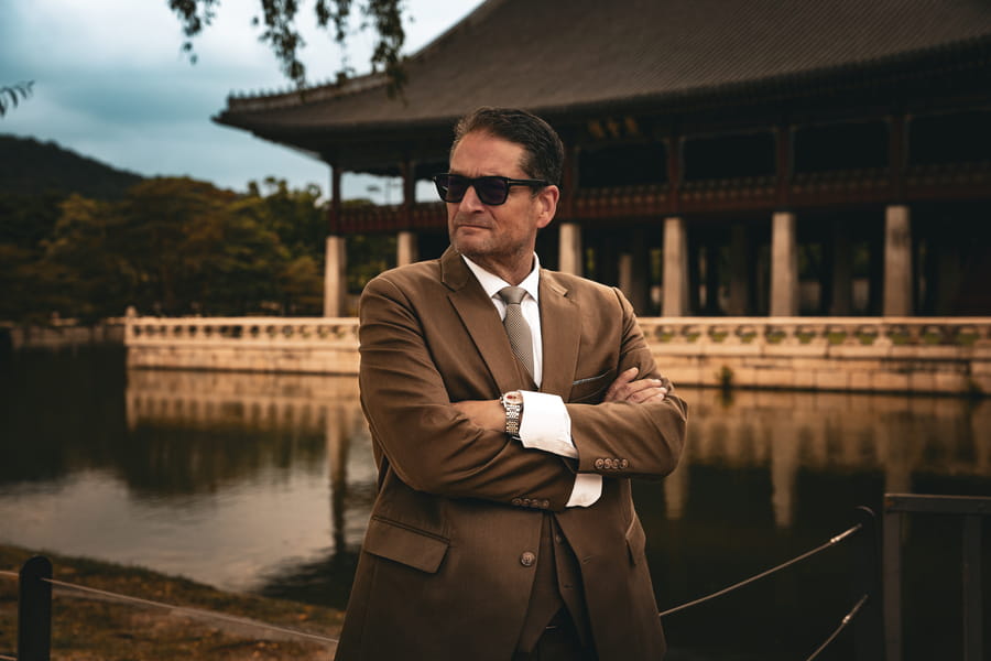 Court martial lawyer Will M. Helixon at the Gyeongbokgung Palace pavilion in Seoul