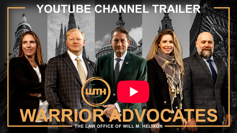 YouTube channel trailer thumbnail for Warrior Advocates, showing five legal professionals in formal attire against landmark architecture